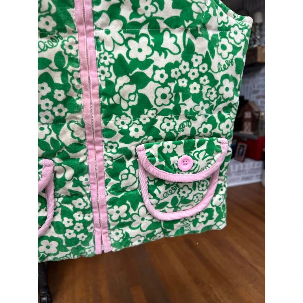 Lilly Pulitzer Girl 6‎ Floral Reversible Puffer Down Vest Green Pink